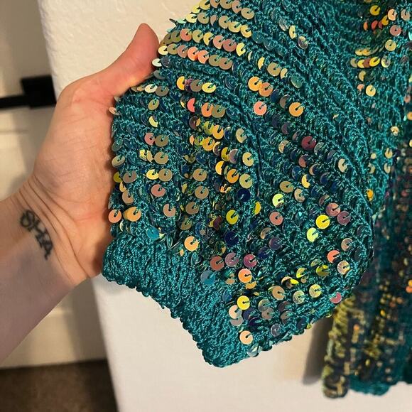 Retrofete NWT Tara Sequin Long Sleeve Crochet Mini Dress Turquoise Blue Green S - Picture 10 of 13